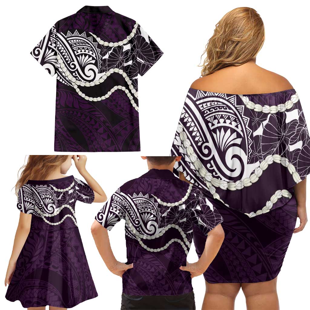 Aloha Hawaii Kalo Pikake Lei Family Matching Off Shoulder Short Dress and Hawaiian Shirt Chest Tattoo Purple Hawaiian Pattern LT14 - Polynesian Pride