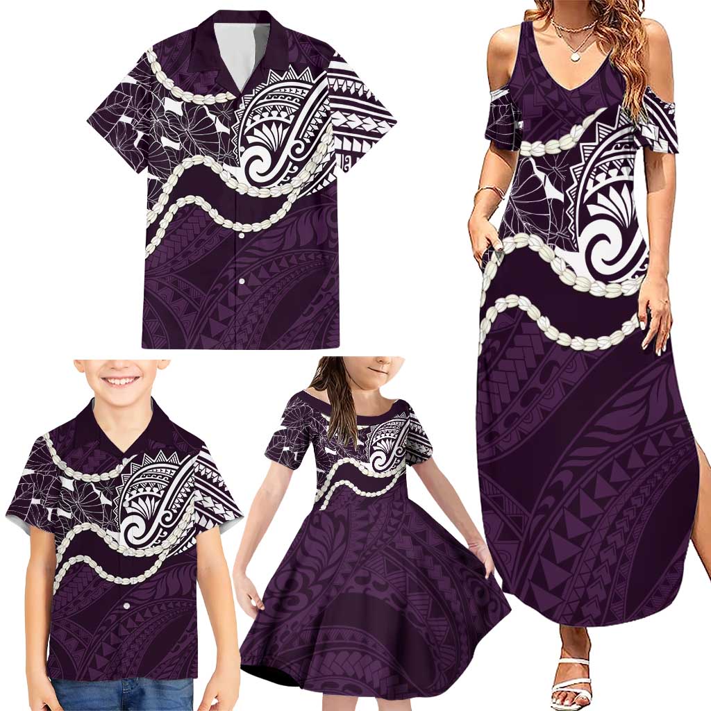 Aloha Hawaii Kalo Pikake Lei Family Matching Summer Maxi Dress and Hawaiian Shirt Chest Tattoo Purple Hawaiian Pattern