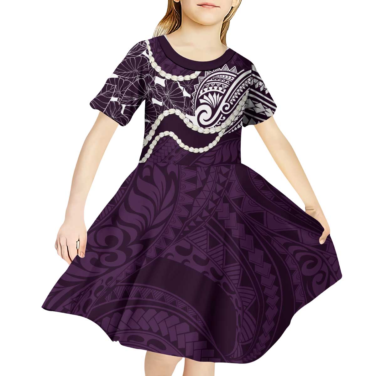 Aloha Hawaii Kalo Pikake Lei Kid Short Sleeve Dress Chest Tattoo Purple Hawaiian Pattern LT14 - Polynesian Pride