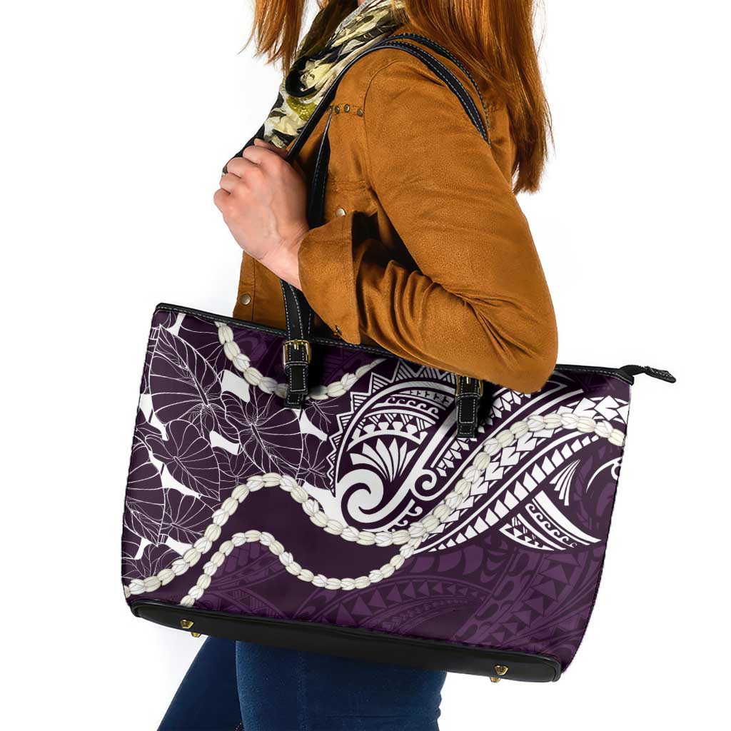 Aloha Hawaii Kalo Pikake Lei Leather Tote Bag Chest Tattoo Purple Hawaiian Pattern