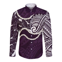 Aloha Hawaii Kalo Pikake Lei Long Sleeve Button Shirt Chest Tattoo Purple Hawaiian Pattern