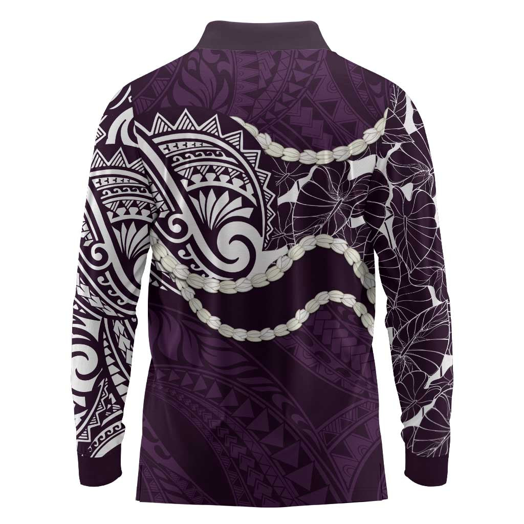Aloha Hawaii Kalo Pikake Lei Long Sleeve Polo Shirt Chest Tattoo Purple Hawaiian Pattern LT14 - Polynesian Pride