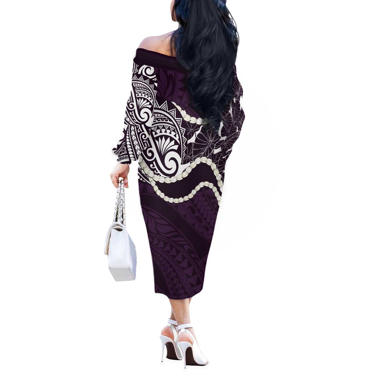 Aloha Hawaii Kalo Pikake Lei Off The Shoulder Long Sleeve Dress Chest Tattoo Purple Hawaiian Pattern LT14 - Polynesian Pride
