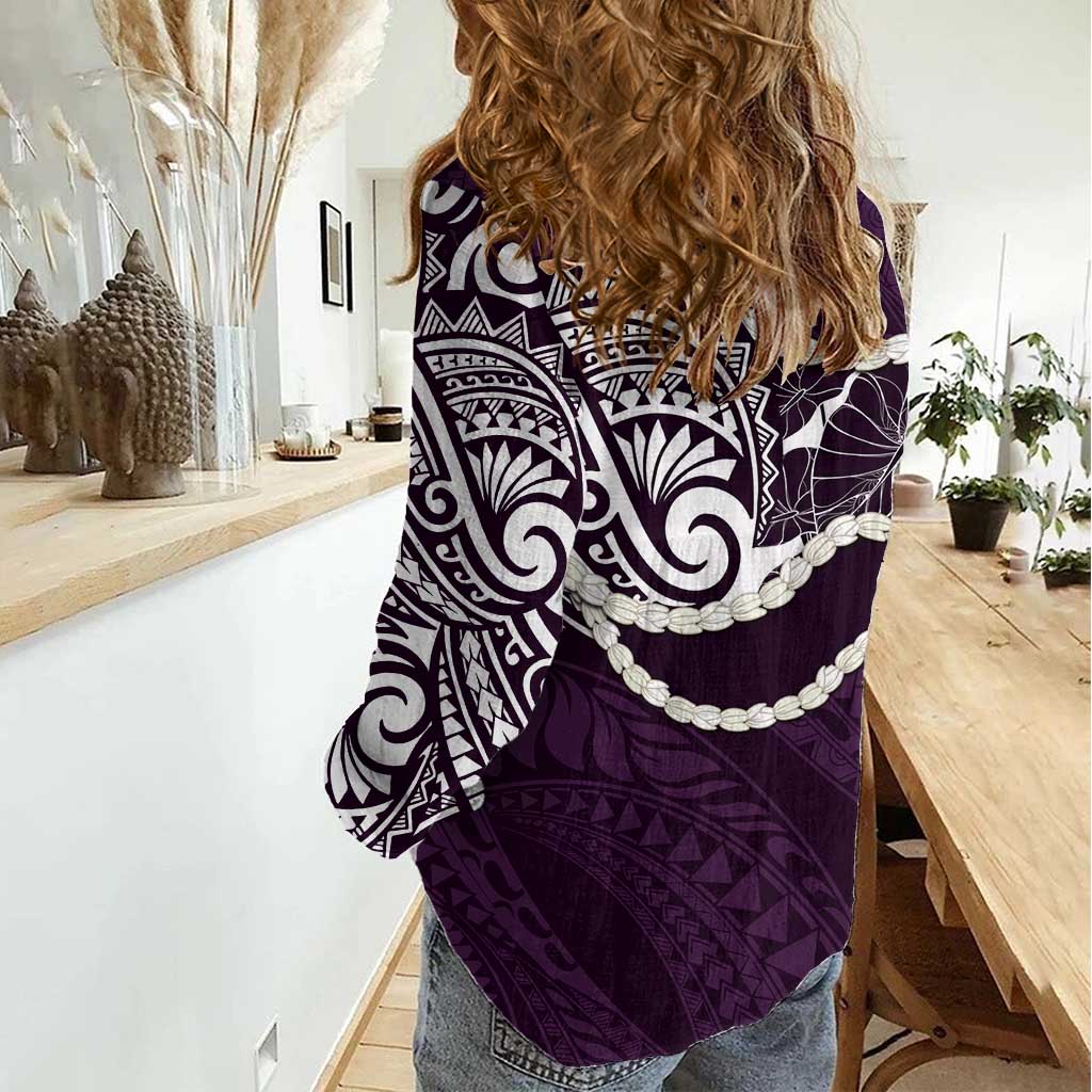 Aloha Hawaii Kalo Pikake Lei Women Casual Shirt Chest Tattoo Purple Hawaiian Pattern