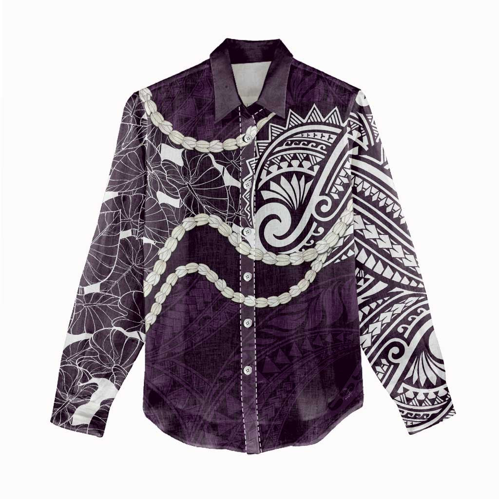 Aloha Hawaii Kalo Pikake Lei Women Casual Shirt Chest Tattoo Purple Hawaiian Pattern