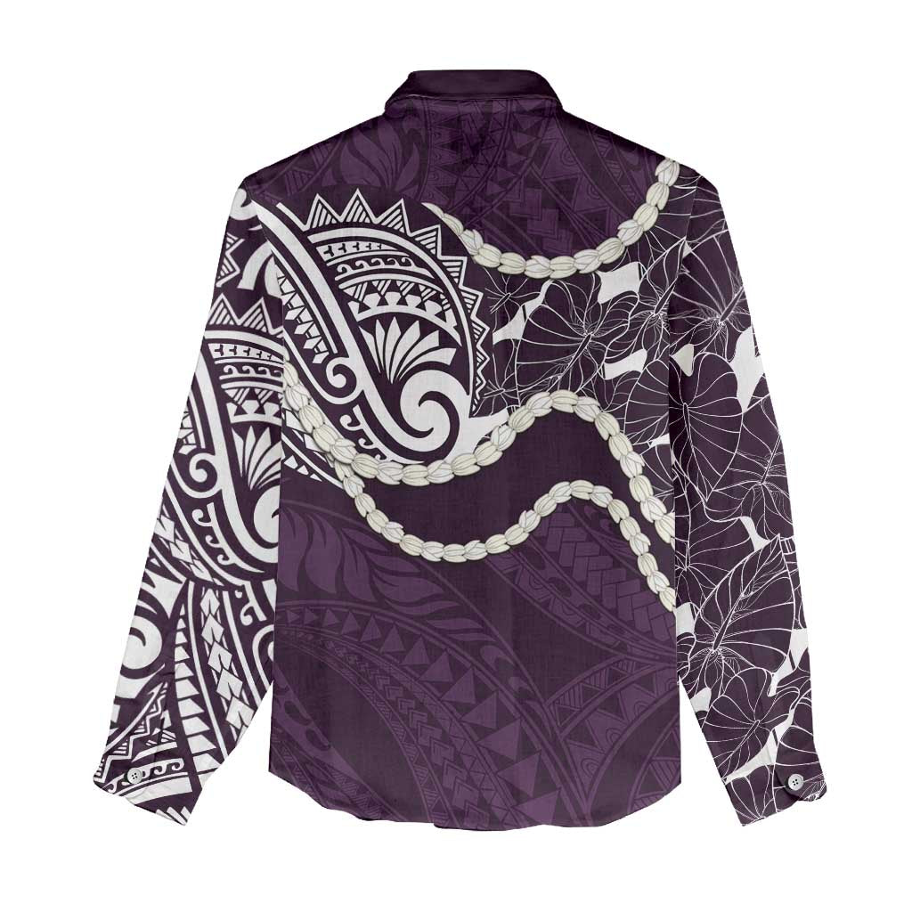 Aloha Hawaii Kalo Pikake Lei Women Casual Shirt Chest Tattoo Purple Hawaiian Pattern