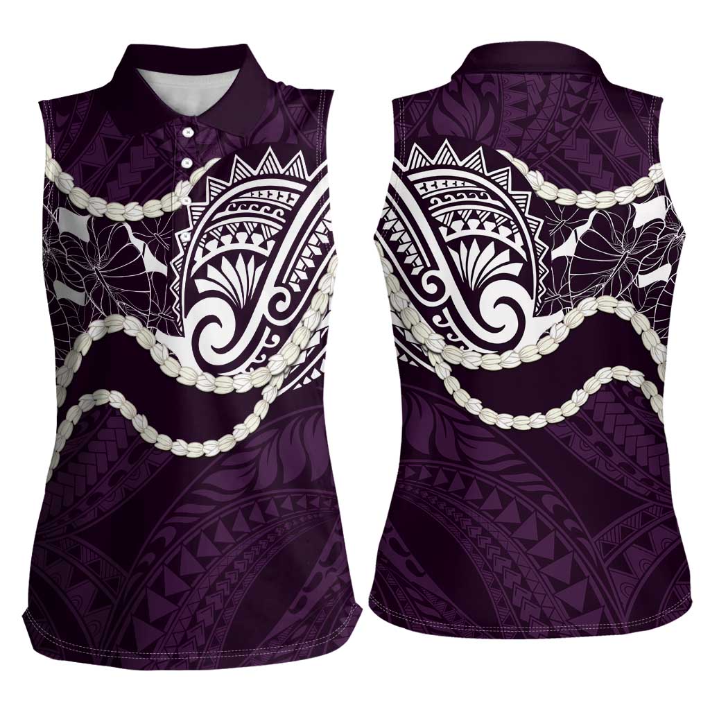 Aloha Hawaii Kalo Pikake Lei Women Sleeveless Polo Shirt Chest Tattoo Purple Hawaiian Pattern