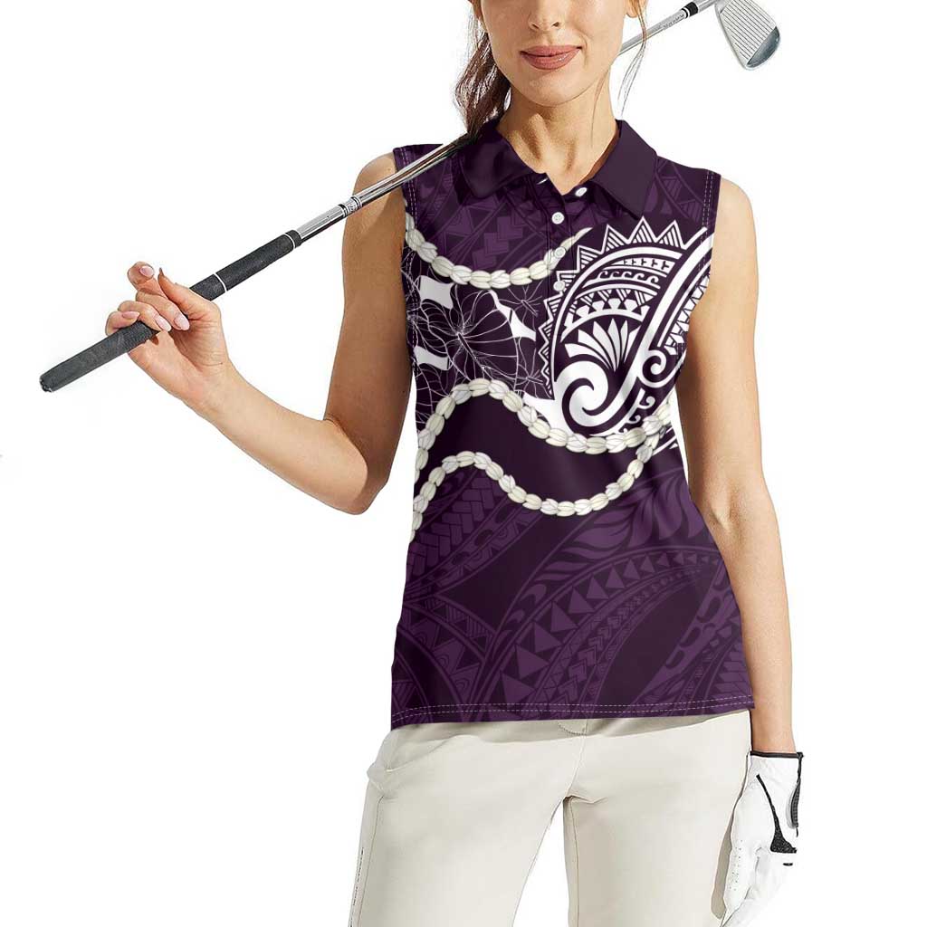 Aloha Hawaii Kalo Pikake Lei Women Sleeveless Polo Shirt Chest Tattoo Purple Hawaiian Pattern
