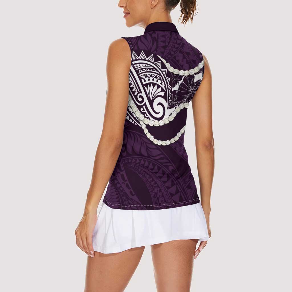 Aloha Hawaii Kalo Pikake Lei Women Sleeveless Polo Shirt Chest Tattoo Purple Hawaiian Pattern