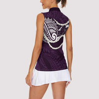 Aloha Hawaii Kalo Pikake Lei Women Sleeveless Polo Shirt Chest Tattoo Purple Hawaiian Pattern