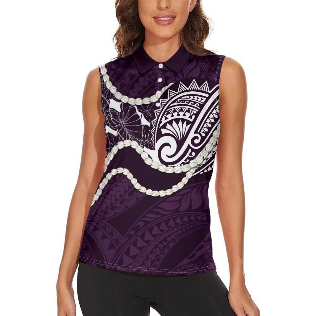 Aloha Hawaii Kalo Pikake Lei Women Sleeveless Polo Shirt Chest Tattoo Purple Hawaiian Pattern