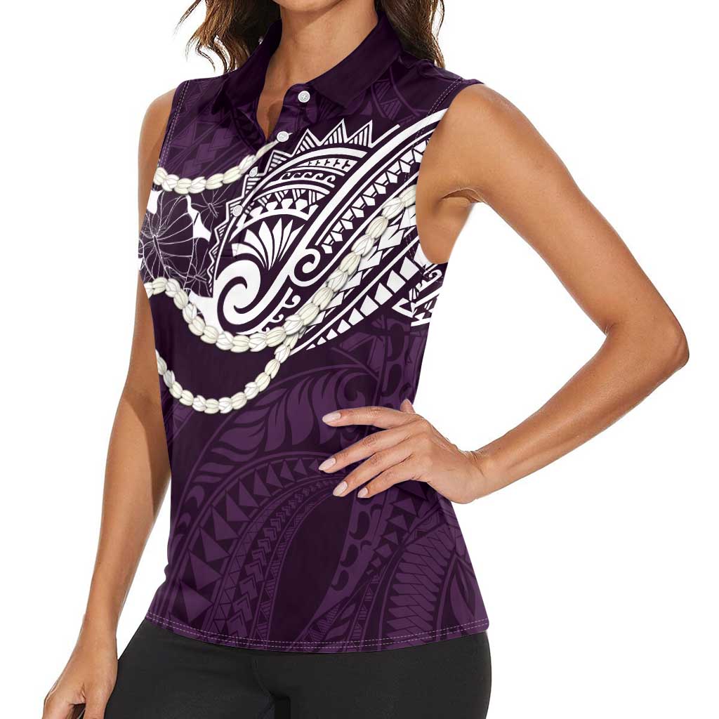 Aloha Hawaii Kalo Pikake Lei Women Sleeveless Polo Shirt Chest Tattoo Purple Hawaiian Pattern