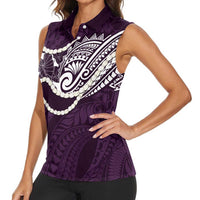 Aloha Hawaii Kalo Pikake Lei Women Sleeveless Polo Shirt Chest Tattoo Purple Hawaiian Pattern