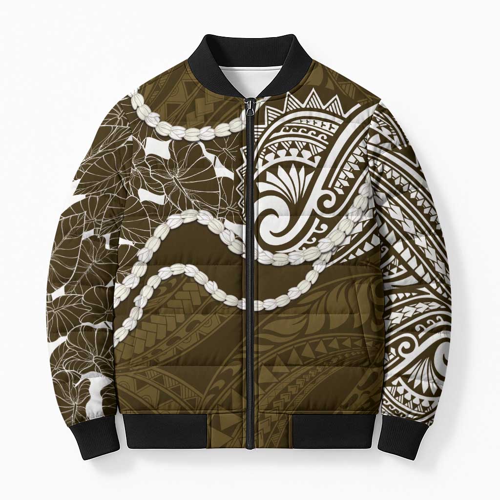 Aloha Hawaii Kalo Pikake Lei Bomber Puffer Jacket Chest Tattoo Gold Hawaiian Pattern
