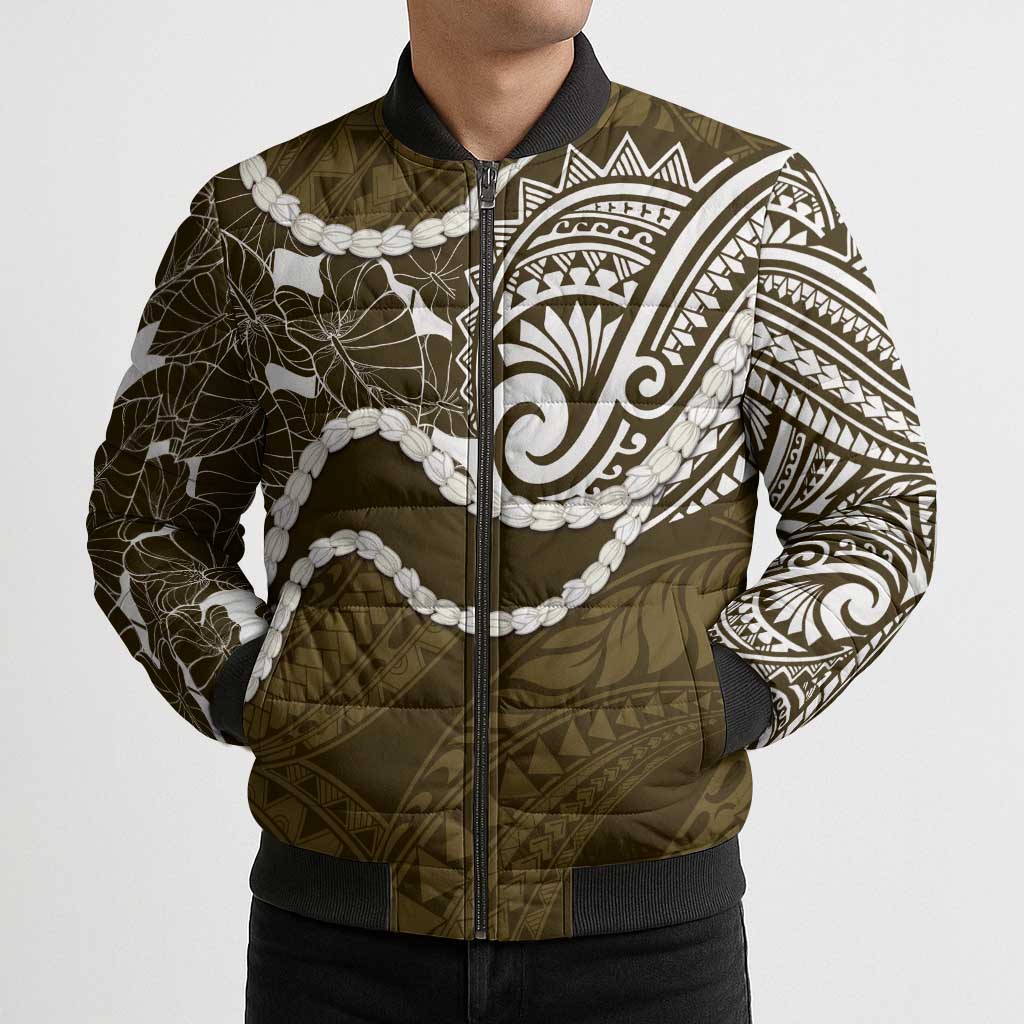 Aloha Hawaii Kalo Pikake Lei Bomber Puffer Jacket Chest Tattoo Gold Hawaiian Pattern
