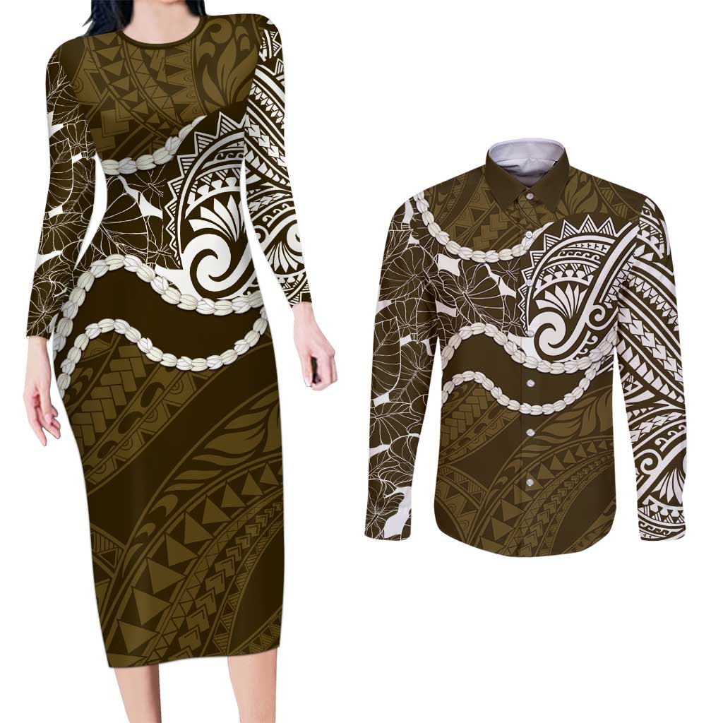 Aloha Hawaii Kalo Pikake Lei Couples Matching Long Sleeve Bodycon Dress and Long Sleeve Button Shirt Chest Tattoo Gold Hawaiian Pattern