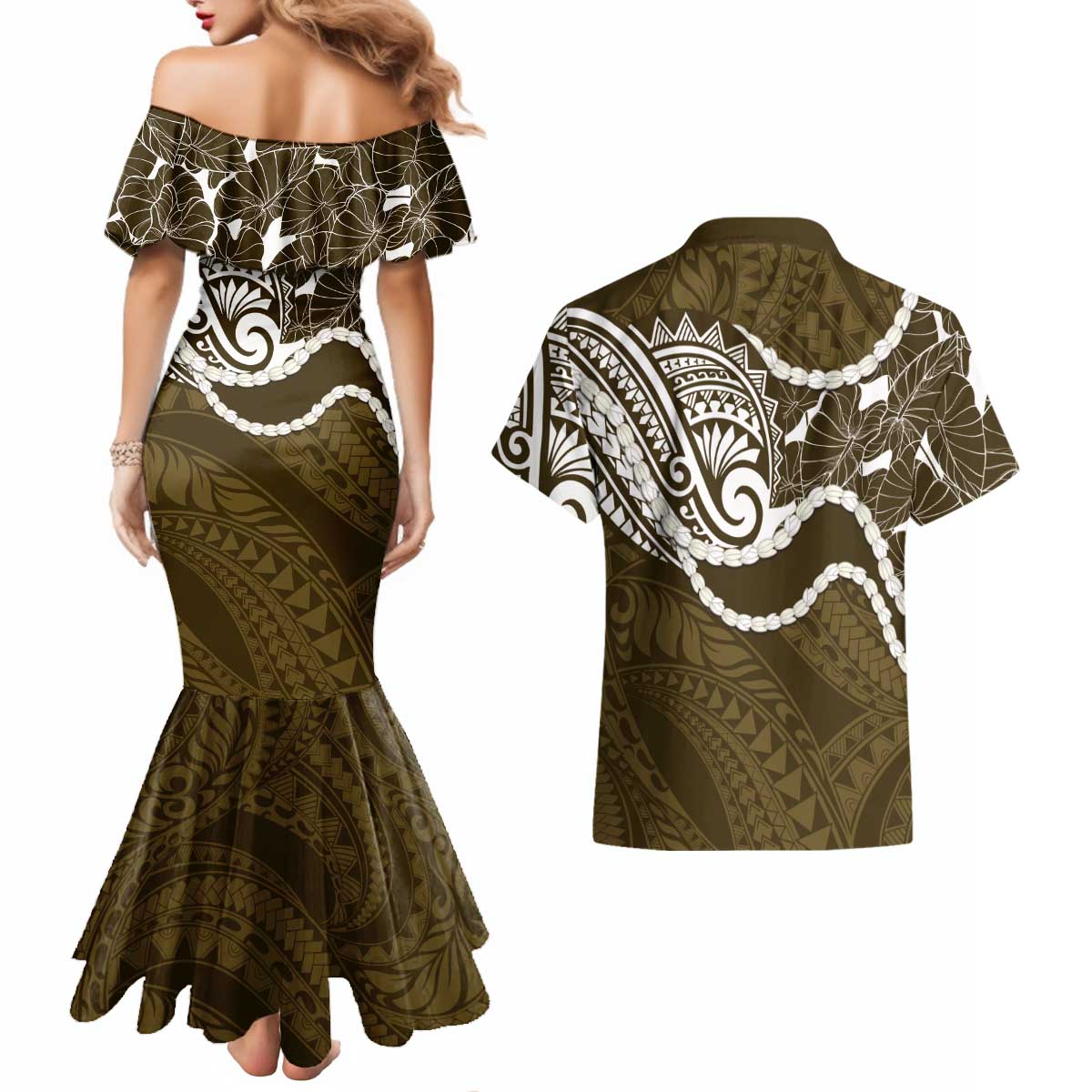 Aloha Hawaii Kalo Pikake Lei Couples Matching Mermaid Dress and Hawaiian Shirt Chest Tattoo Gold Hawaiian Pattern