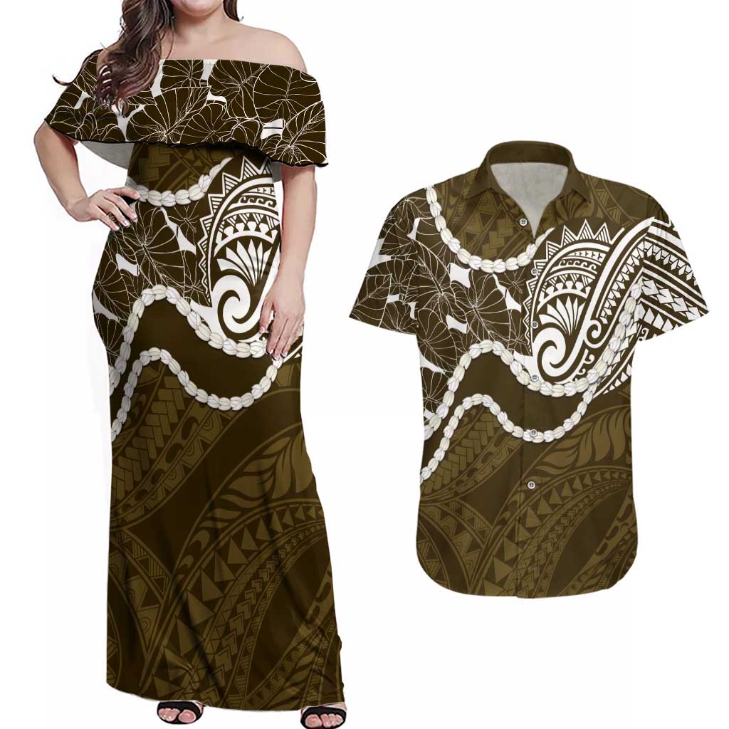 Aloha Hawaii Kalo Pikake Lei Couples Matching Off Shoulder Maxi Dress and Hawaiian Shirt Chest Tattoo Gold Hawaiian Pattern