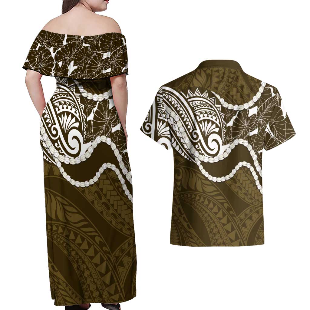 Aloha Hawaii Kalo Pikake Lei Couples Matching Off Shoulder Maxi Dress and Hawaiian Shirt Chest Tattoo Gold Hawaiian Pattern