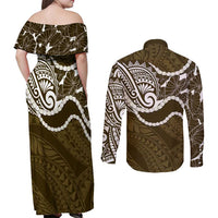 Aloha Hawaii Kalo Pikake Lei Couples Matching Off Shoulder Maxi Dress and Long Sleeve Button Shirt Chest Tattoo Gold Hawaiian Pattern LT14 - Polynesian Pride