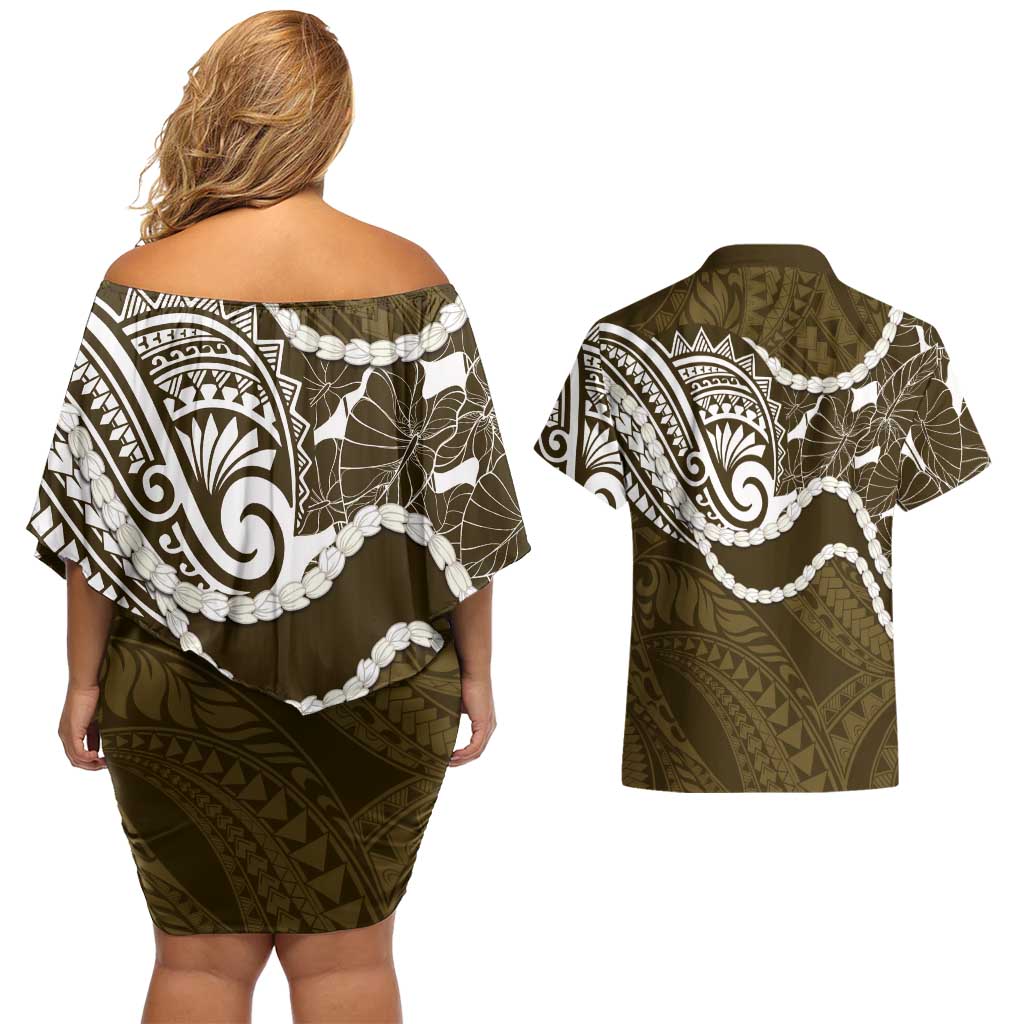 Aloha Hawaii Kalo Pikake Lei Couples Matching Off Shoulder Short Dress and Hawaiian Shirt Chest Tattoo Gold Hawaiian Pattern