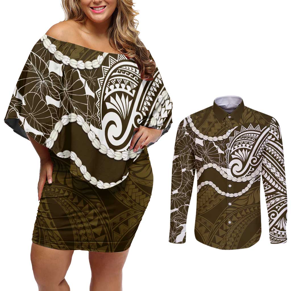 Aloha Hawaii Kalo Pikake Lei Couples Matching Off Shoulder Short Dress and Long Sleeve Button Shirt Chest Tattoo Gold Hawaiian Pattern LT14 Gold - Polynesian Pride