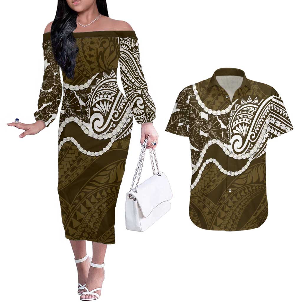 Aloha Hawaii Kalo Pikake Lei Couples Matching Off The Shoulder Long Sleeve Dress and Hawaiian Shirt Chest Tattoo Gold Hawaiian Pattern