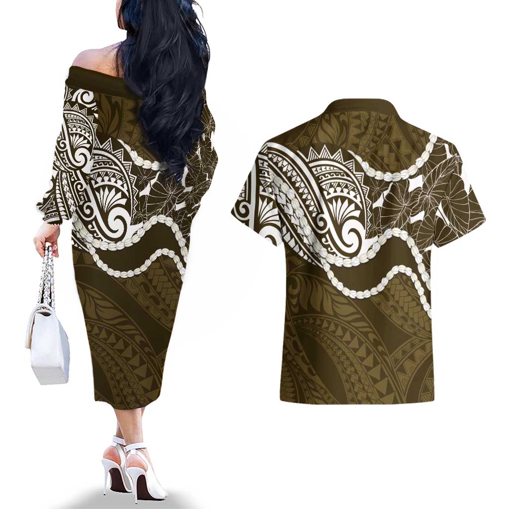 Aloha Hawaii Kalo Pikake Lei Couples Matching Off The Shoulder Long Sleeve Dress and Hawaiian Shirt Chest Tattoo Gold Hawaiian Pattern