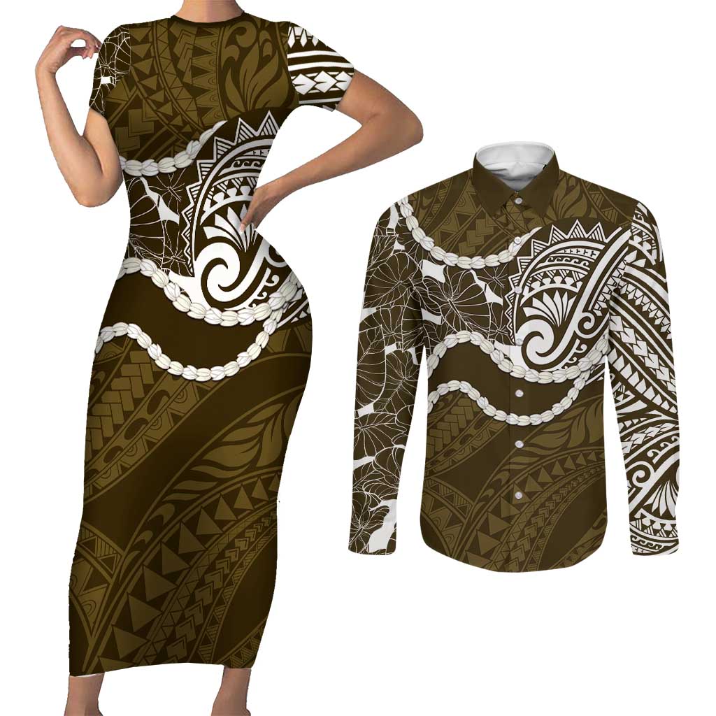 Aloha Hawaii Kalo Pikake Lei Couples Matching Short Sleeve Bodycon Dress and Long Sleeve Button Shirt Chest Tattoo Gold Hawaiian Pattern