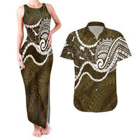 Aloha Hawaii Kalo Pikake Lei Couples Matching Tank Maxi Dress and Hawaiian Shirt Chest Tattoo Gold Hawaiian Pattern