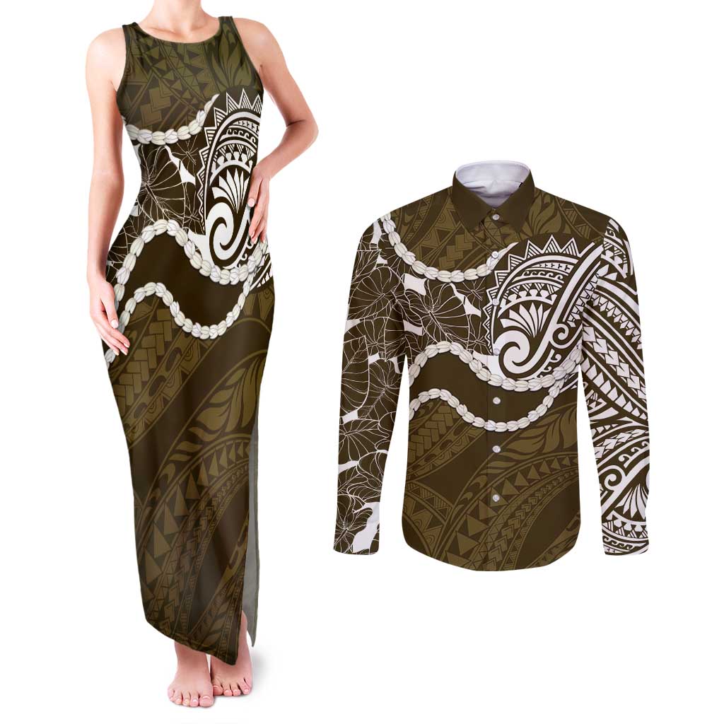 Aloha Hawaii Kalo Pikake Lei Couples Matching Tank Maxi Dress and Long Sleeve Button Shirt Chest Tattoo Gold Hawaiian Pattern