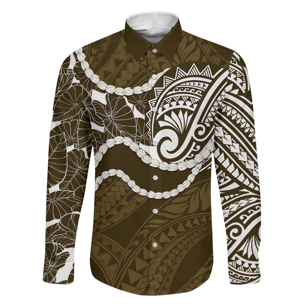 Aloha Hawaii Kalo Pikake Lei Family Matching Mermaid Dress and Hawaiian Shirt Chest Tattoo Gold Hawaiian Pattern LT14 Dad's Shirt - Long Sleeve Gold - Polynesian Pride