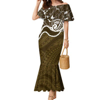 Aloha Hawaii Kalo Pikake Lei Family Matching Mermaid Dress and Hawaiian Shirt Chest Tattoo Gold Hawaiian Pattern LT14 Mom's Dress Gold - Polynesian Pride