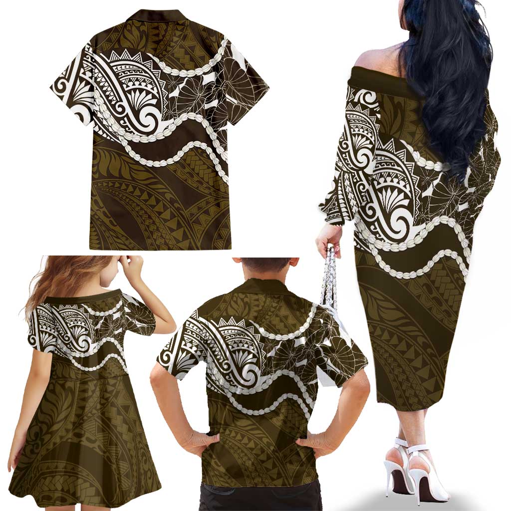 Aloha Hawaii Kalo Pikake Lei Family Matching Off The Shoulder Long Sleeve Dress and Hawaiian Shirt Chest Tattoo Gold Hawaiian Pattern LT14 - Polynesian Pride