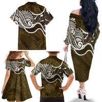 Aloha Hawaii Kalo Pikake Lei Family Matching Off The Shoulder Long Sleeve Dress and Hawaiian Shirt Chest Tattoo Gold Hawaiian Pattern LT14 - Polynesian Pride