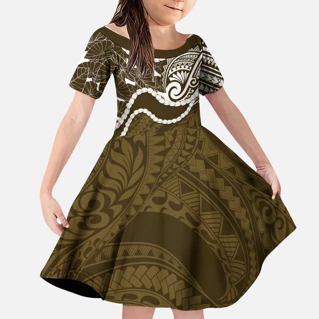 Aloha Hawaii Kalo Pikake Lei Family Matching Off Shoulder Maxi Dress and Hawaiian Shirt Chest Tattoo Gold Hawaiian Pattern LT14 Daughter's Dress Gold - Polynesian Pride