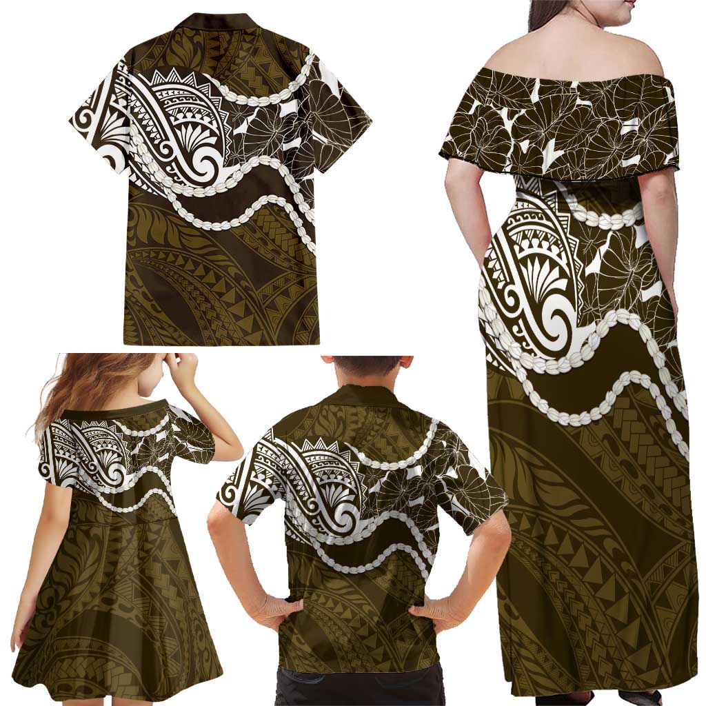 Aloha Hawaii Kalo Pikake Lei Family Matching Off Shoulder Maxi Dress and Hawaiian Shirt Chest Tattoo Gold Hawaiian Pattern LT14 - Polynesian Pride