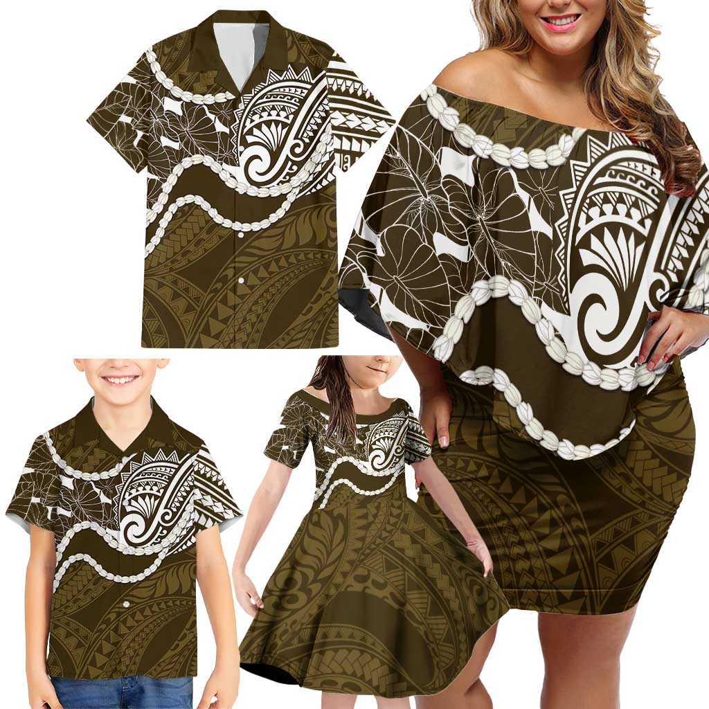 Aloha Hawaii Kalo Pikake Lei Family Matching Off Shoulder Short Dress and Hawaiian Shirt Chest Tattoo Gold Hawaiian Pattern LT14 - Polynesian Pride