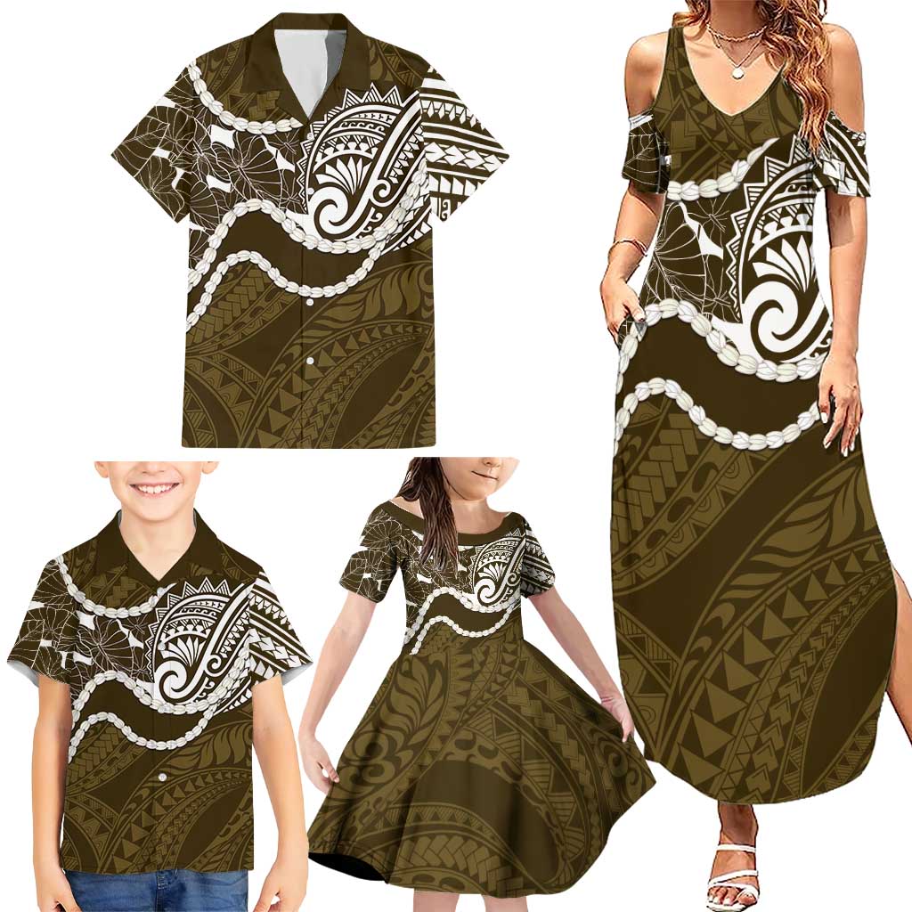 Aloha Hawaii Kalo Pikake Lei Family Matching Summer Maxi Dress and Hawaiian Shirt Chest Tattoo Gold Hawaiian Pattern