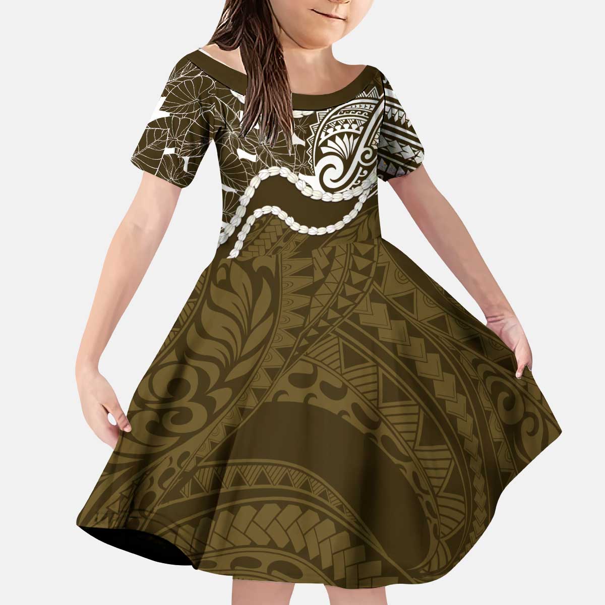Aloha Hawaii Kalo Pikake Lei Kid Short Sleeve Dress Chest Tattoo Gold Hawaiian Pattern LT14 KID Gold - Polynesian Pride