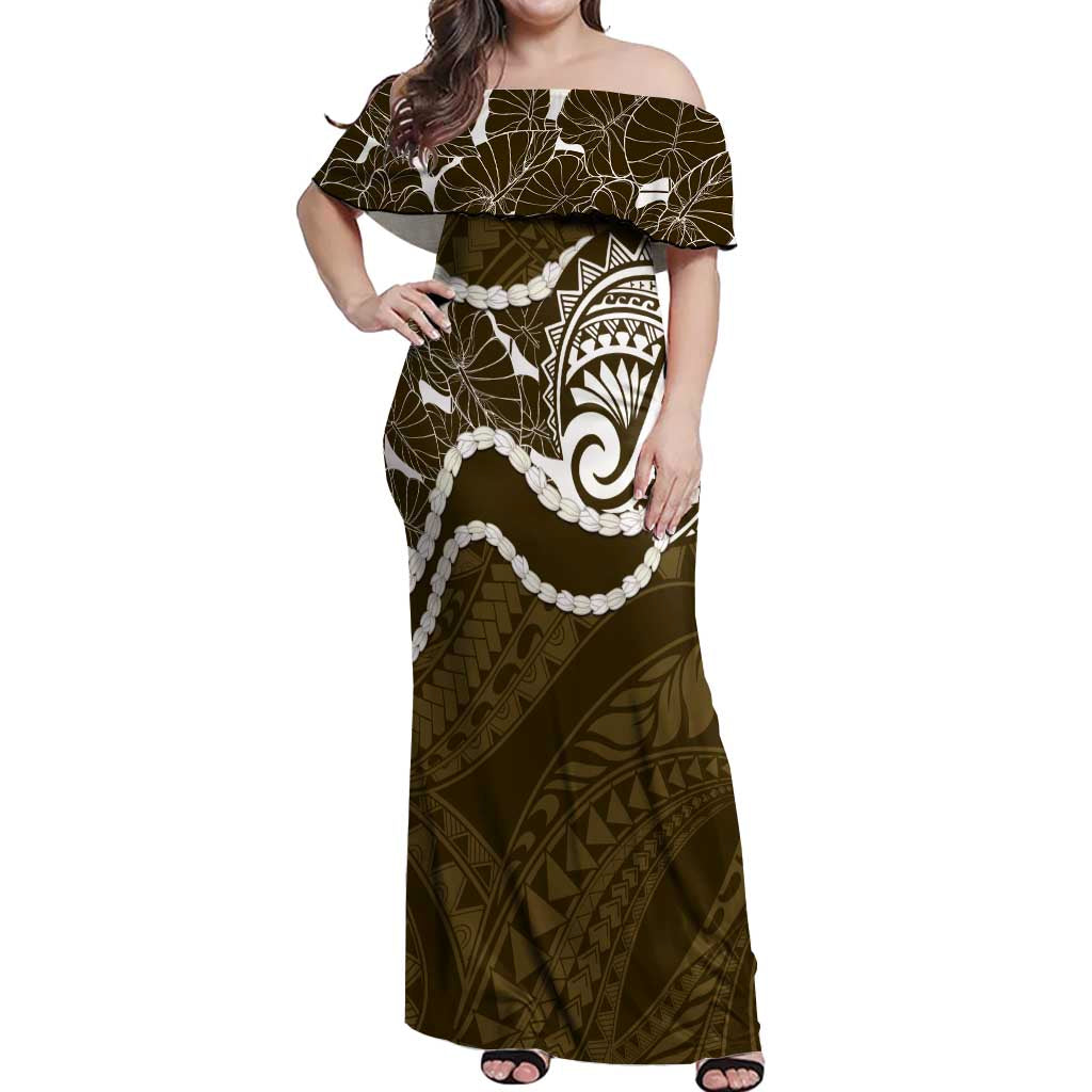 Aloha Hawaii Kalo Pikake Lei Off Shoulder Maxi Dress Chest Tattoo Gold Hawaiian Pattern LT14 Women Gold - Polynesian Pride