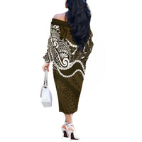 Aloha Hawaii Kalo Pikake Lei Off The Shoulder Long Sleeve Dress Chest Tattoo Gold Hawaiian Pattern LT14 - Polynesian Pride