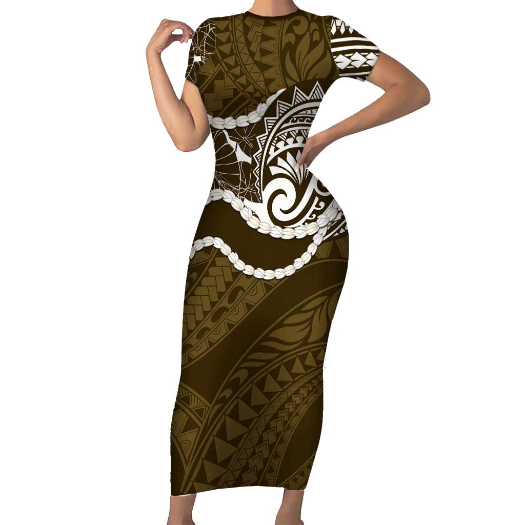 Aloha Hawaii Kalo Pikake Lei Short Sleeve Bodycon Dress Chest Tattoo Gold Hawaiian Pattern LT14 Long Dress Gold - Polynesian Pride