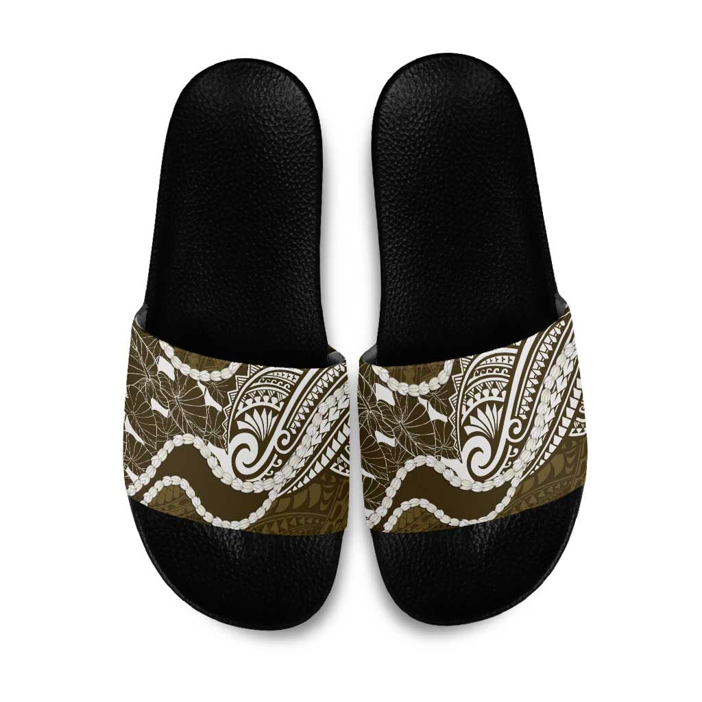 Aloha Hawaii Kalo Pikake Lei Slide Sandals Chest Tattoo Gold Hawaiian Pattern