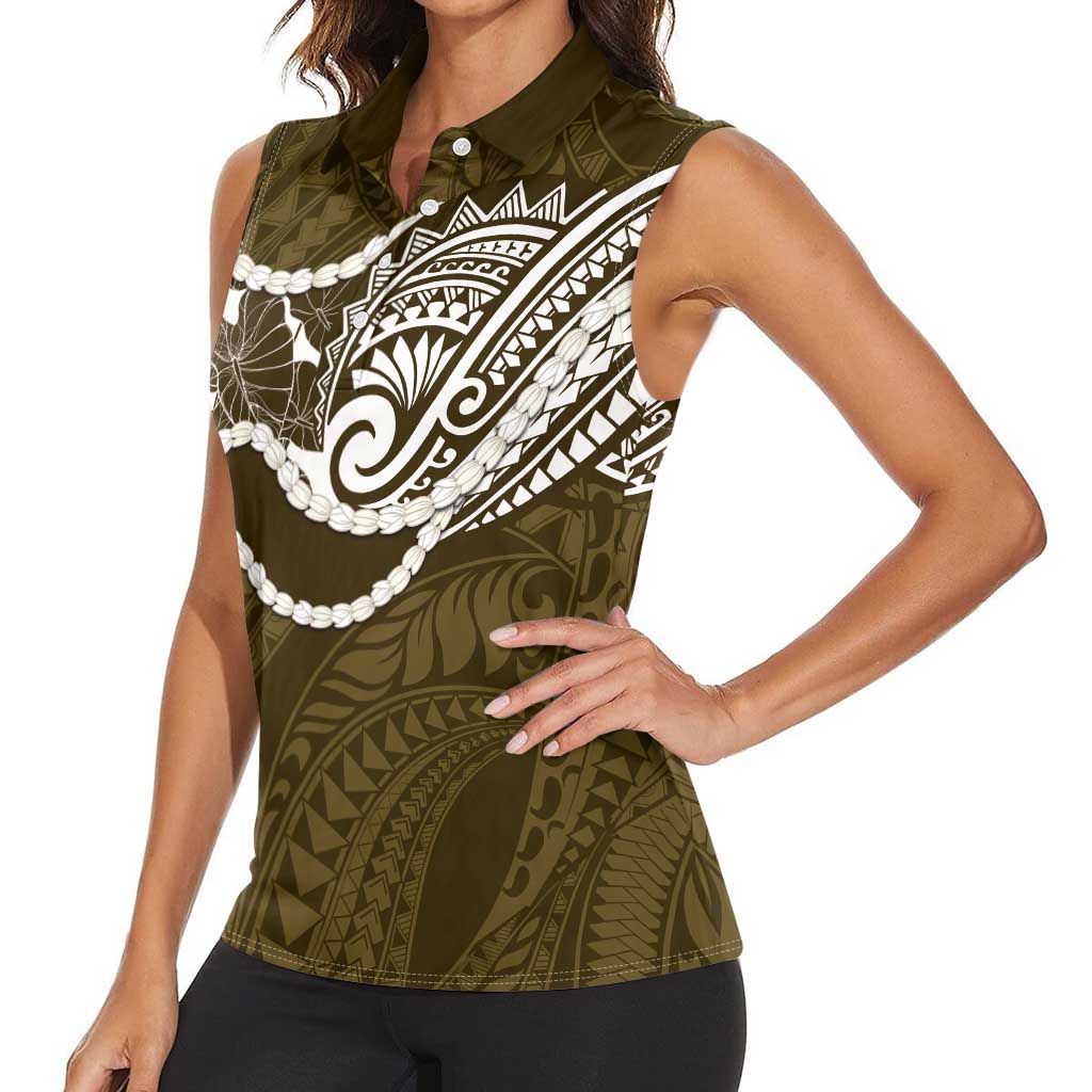 Aloha Hawaii Kalo Pikake Lei Women Sleeveless Polo Shirt Chest Tattoo Gold Hawaiian Pattern LT14 - Polynesian Pride