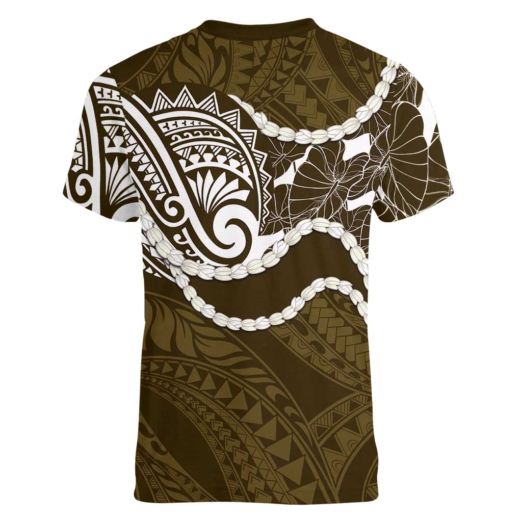 Aloha Hawaii Kalo Pikake Lei Women V-Neck T-Shirt Chest Tattoo Gold Hawaiian Pattern