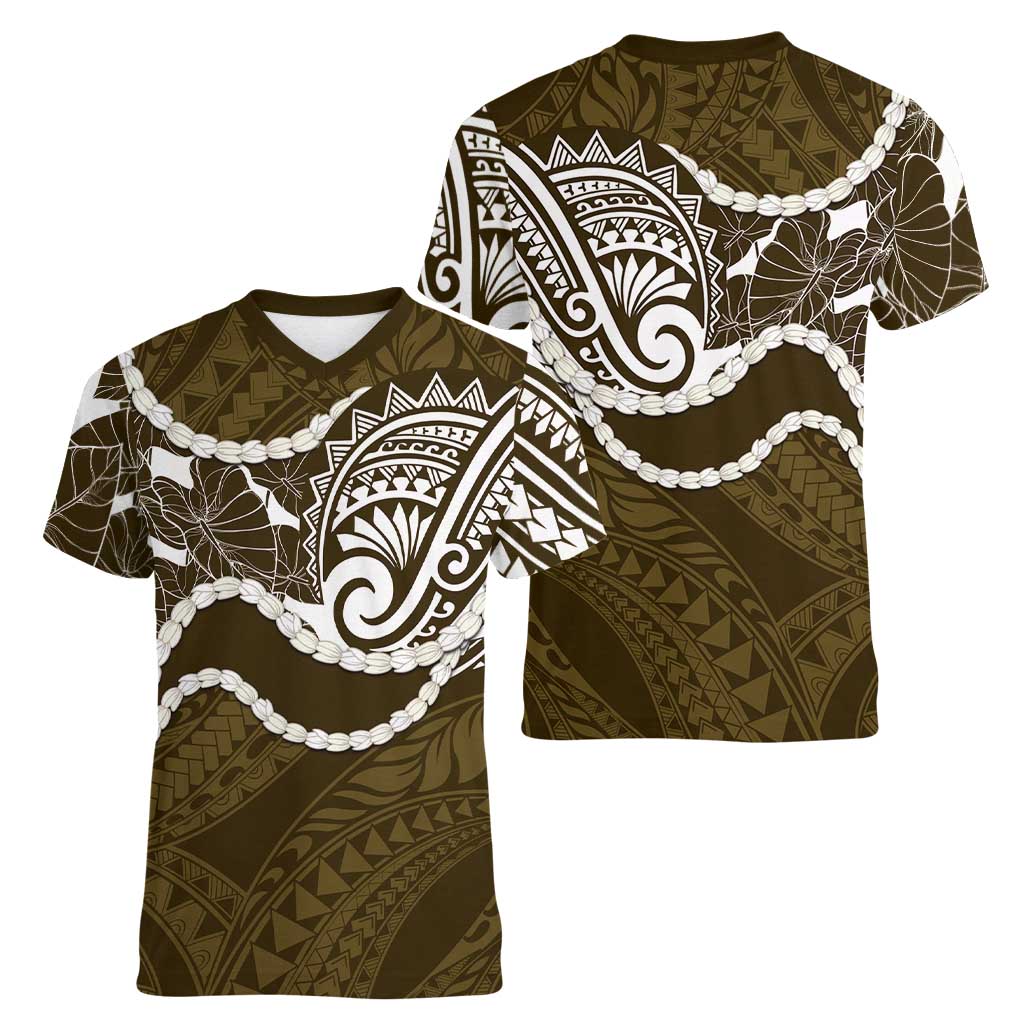 Aloha Hawaii Kalo Pikake Lei Women V-Neck T-Shirt Chest Tattoo Gold Hawaiian Pattern