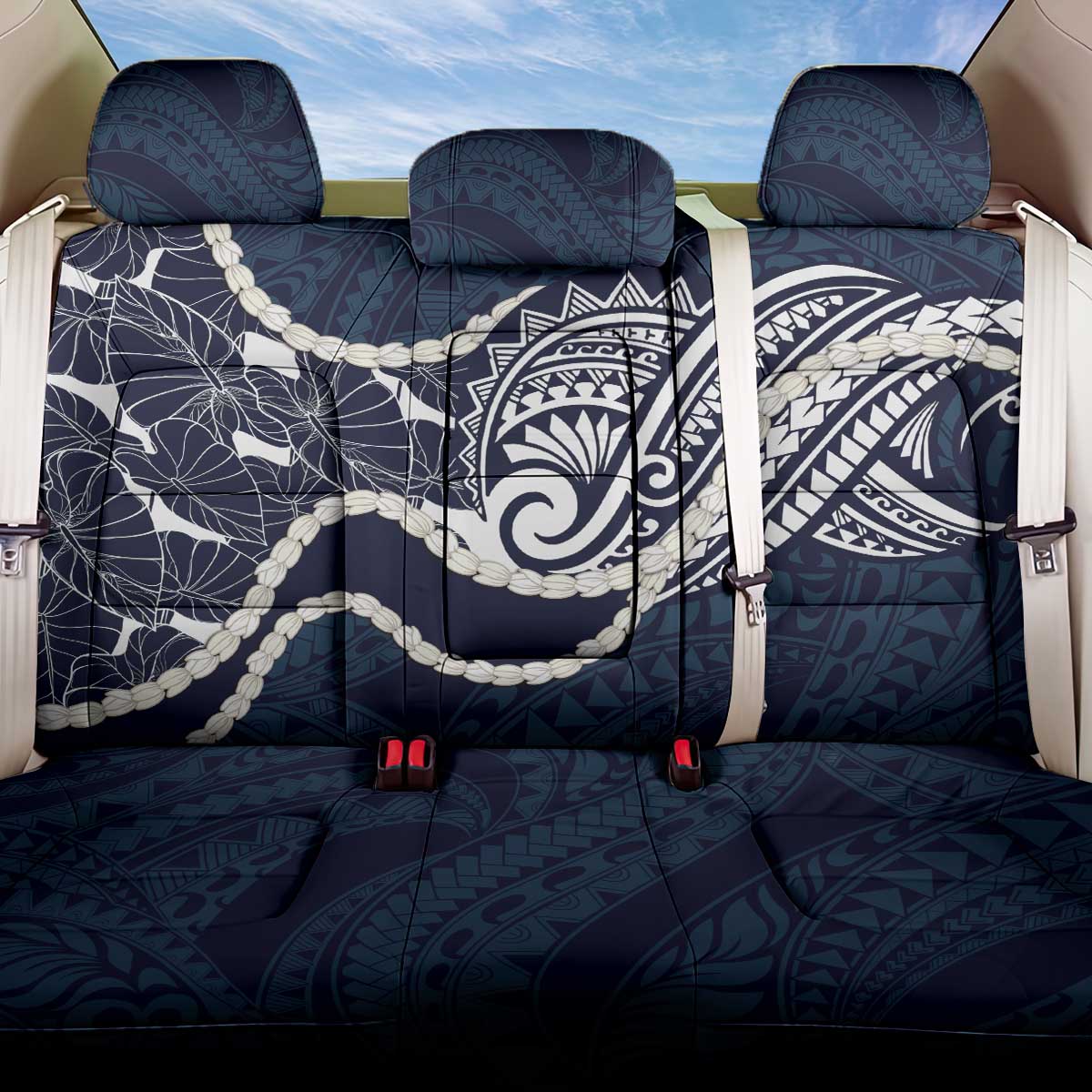 Aloha Hawaii Kalo Pikake Lei Back Car Seat Cover Chest Tattoo Oxford Blue Hawaiian Pattern LT14 One Size Oxford Blue - Polynesian Pride
