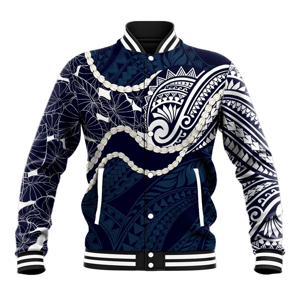 Aloha Hawaii Kalo Pikake Lei Baseball Jacket Chest Tattoo Oxford Blue Hawaiian Pattern LT14 Unisex Oxford Blue - Polynesian Pride