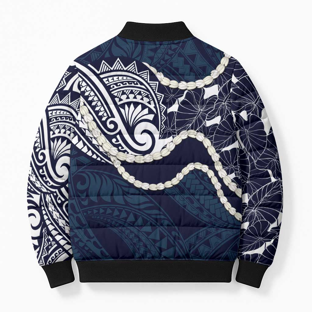 Aloha Hawaii Kalo Pikake Lei Bomber Puffer Jacket Chest Tattoo Oxford Blue Hawaiian Pattern